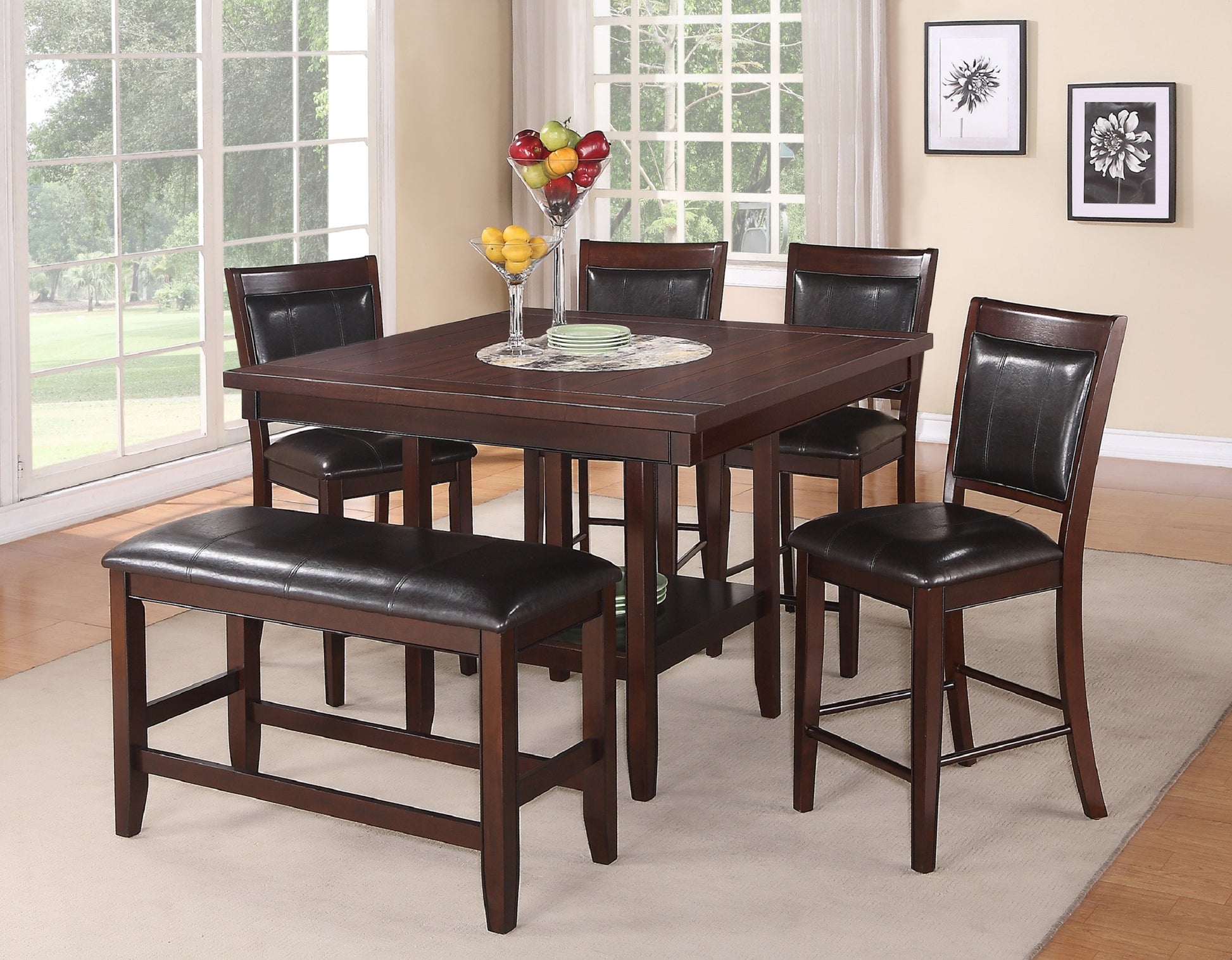 Dark wood counter height dining set with upholstered bench and chairs