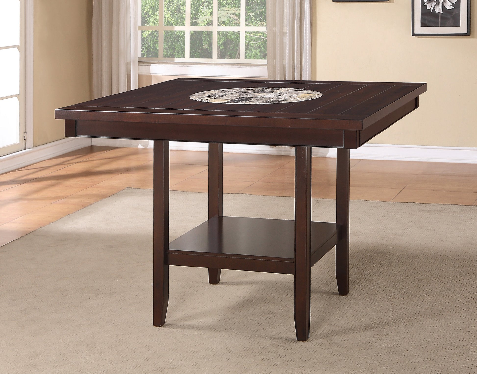 Dark brown square dining table with marble inlay and lower shelf