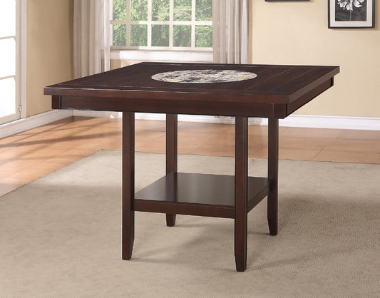 Dark brown square dining table with marble inlay and lower shelf