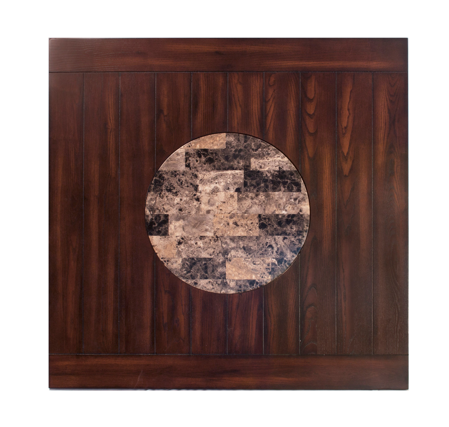 Square dark wood coffee table with central marble mosaic inlay