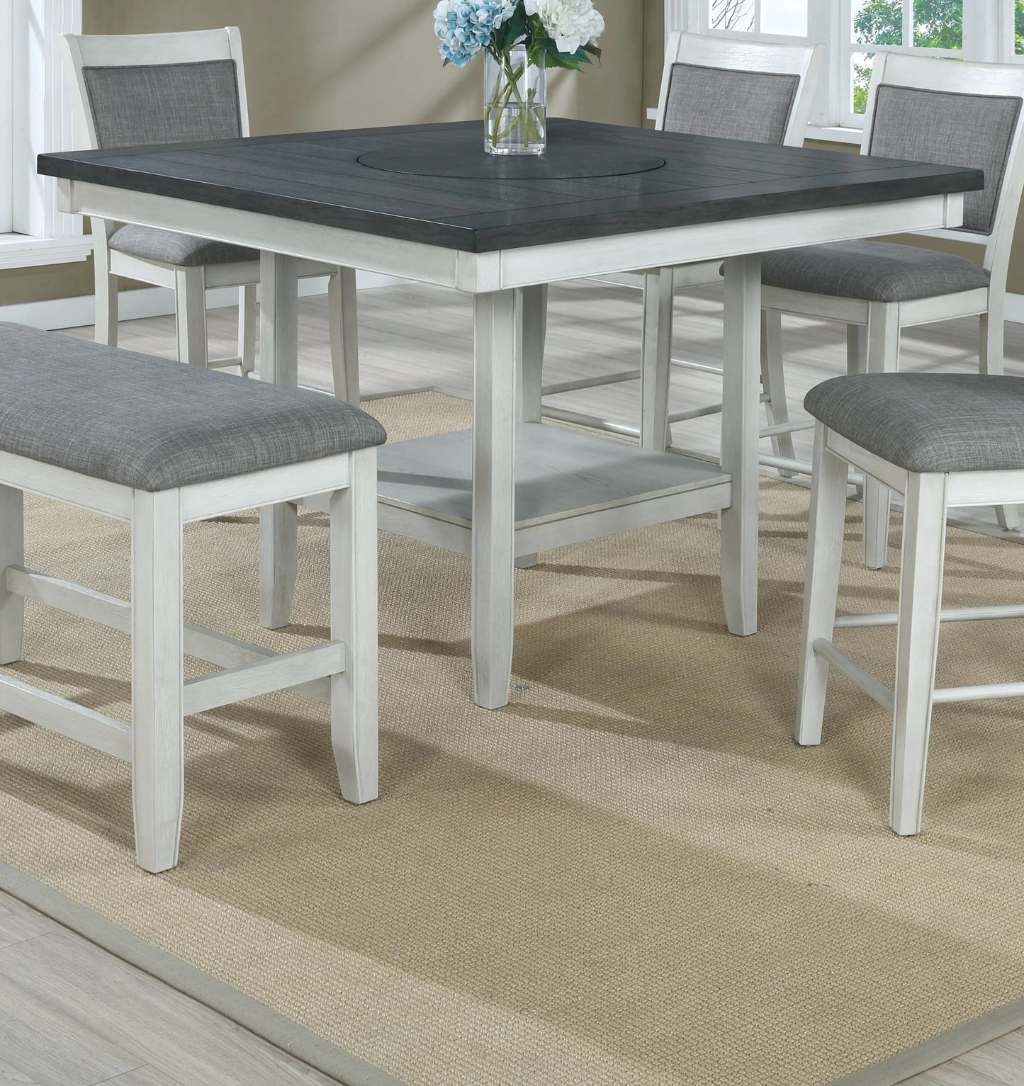 Farmhouse counter height dining table set with gray upholstered seats