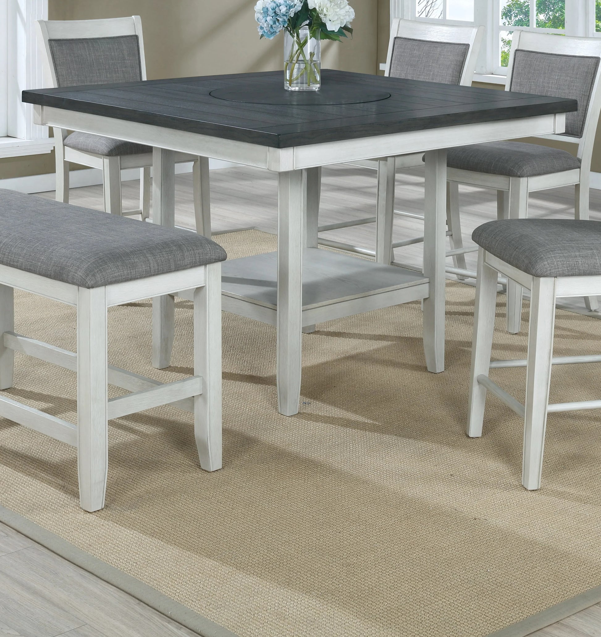 Farmhouse counter height dining table set with gray upholstered seats