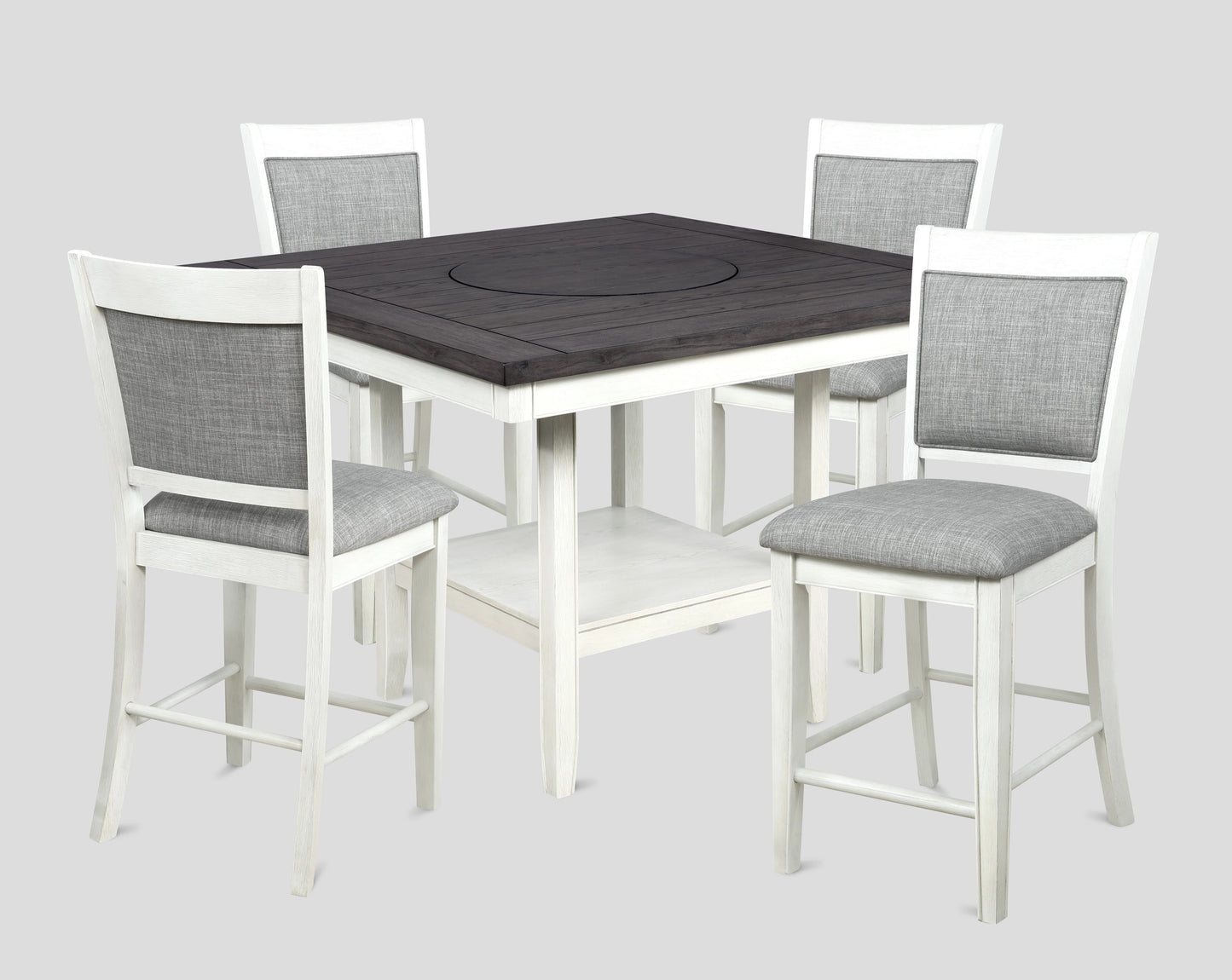 White and dark wood counter height table with four grey upholstered stools