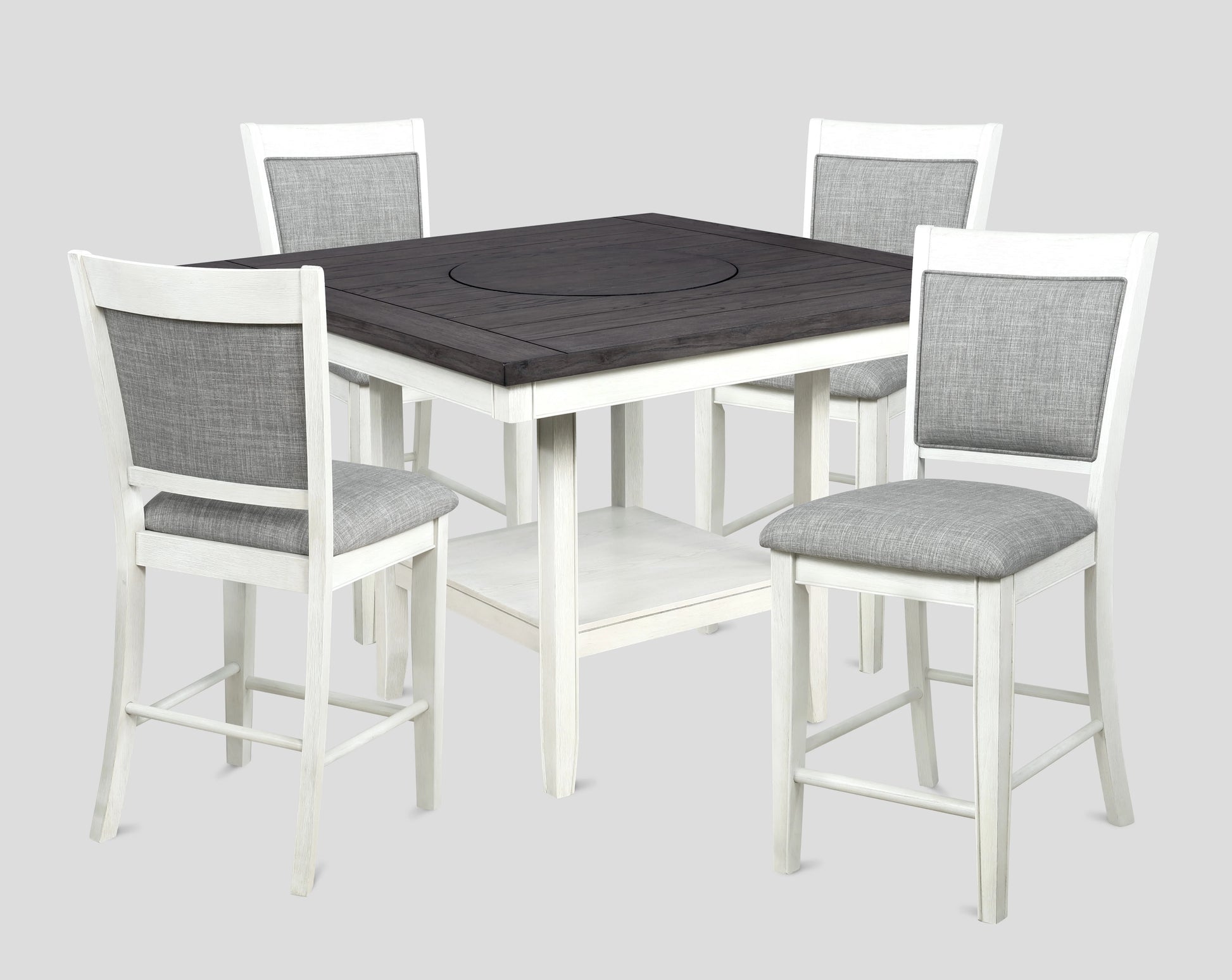 White and dark wood counter height table with four grey upholstered stools