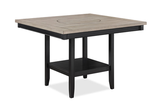 Square pub table with weathered wood top and black metal base