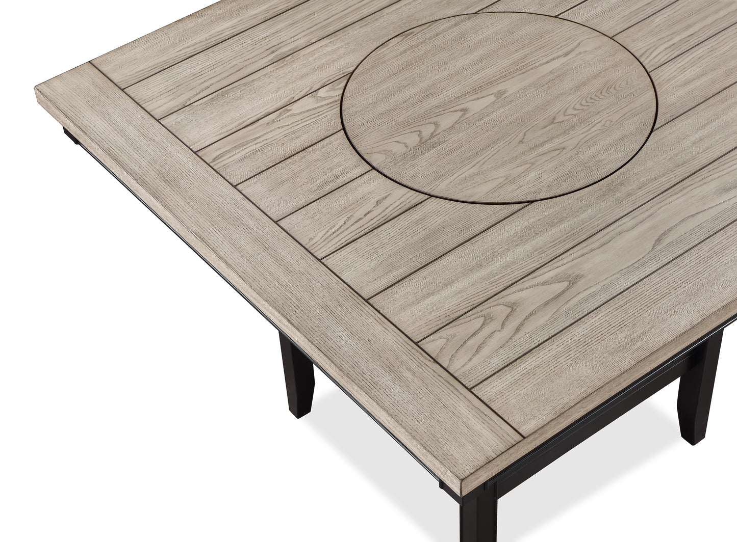 Light gray wood slatted dining table with a circular inlay