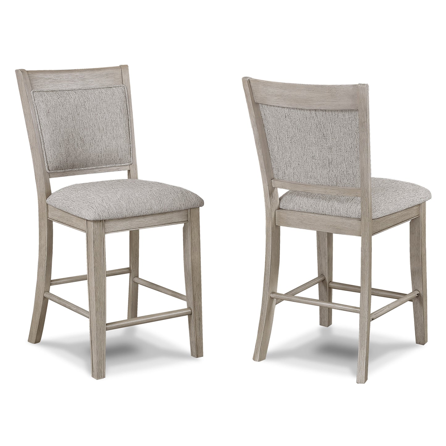 Light gray upholstered wooden counter stool from the front