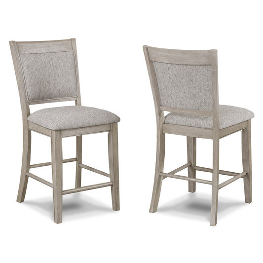 Light gray upholstered wooden counter stool from the front