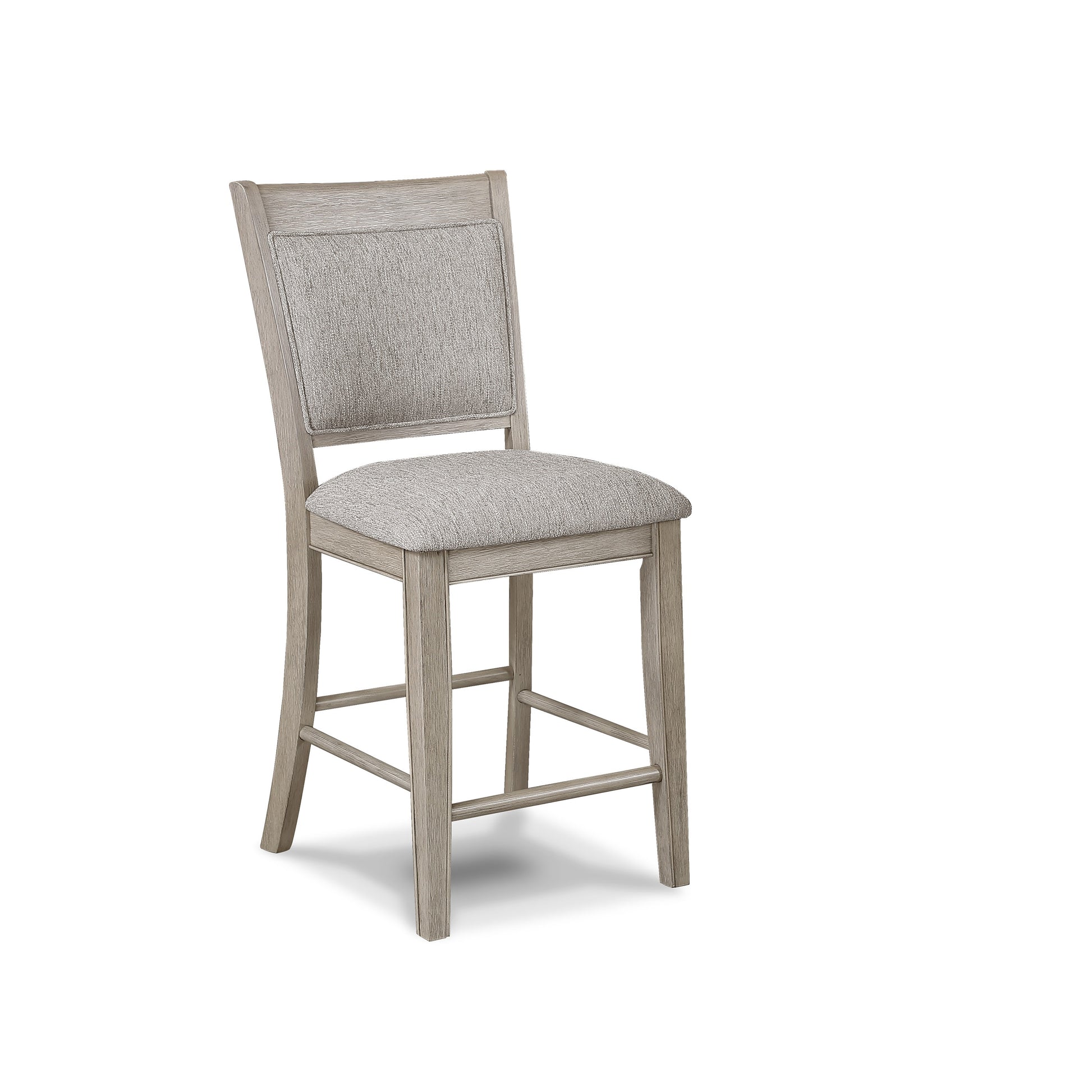 Light gray upholstered counter stool with a weathered oak frame