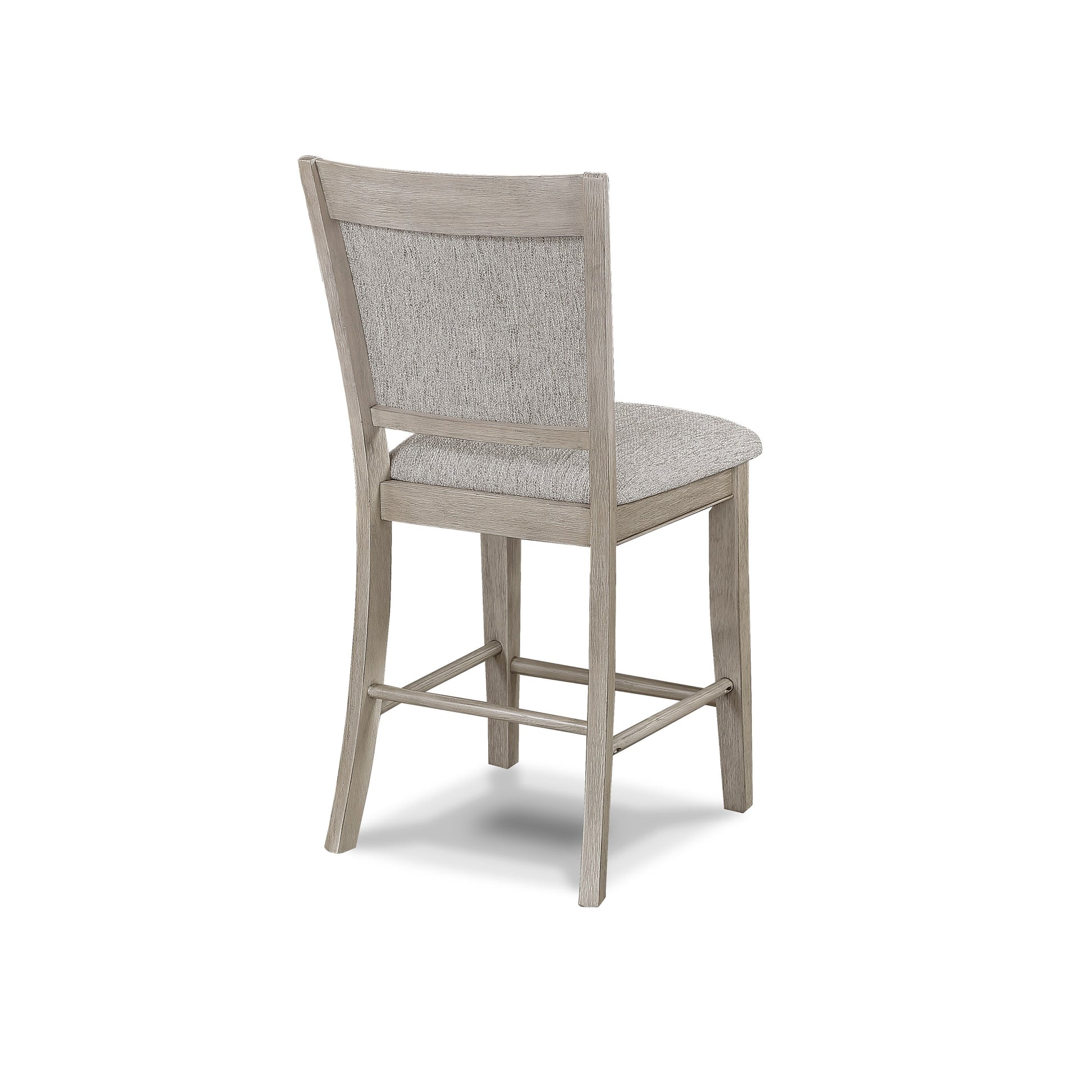 Gray upholstered counter height bar stool with weathered wood frame