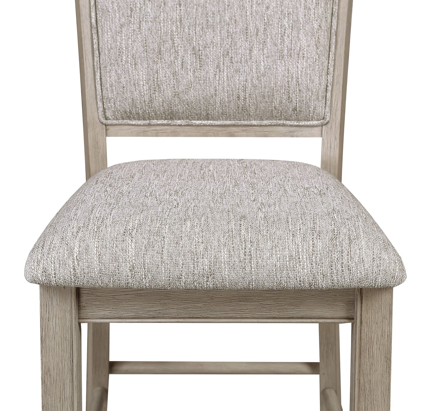 Light gray upholstered dining chair with light wood frame