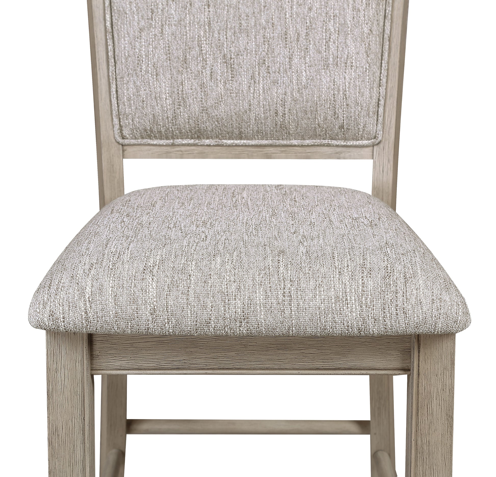 Light gray upholstered dining chair with light wood frame