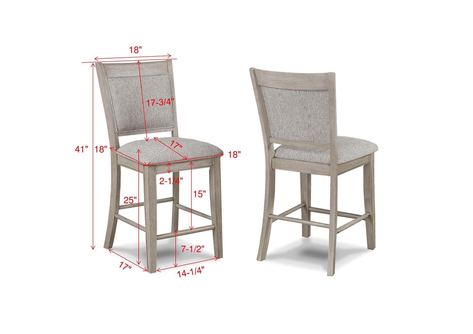 Distressed gray wood counter stool with upholstered light gray seat