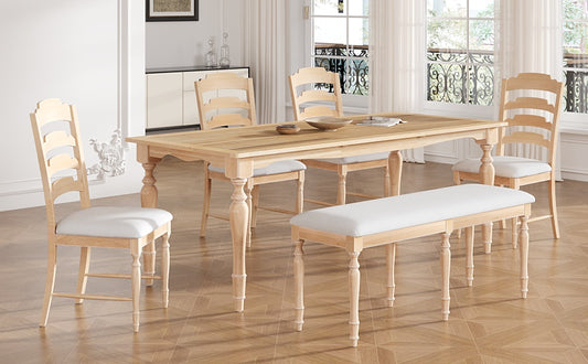Light wood dining table with bench and chairs