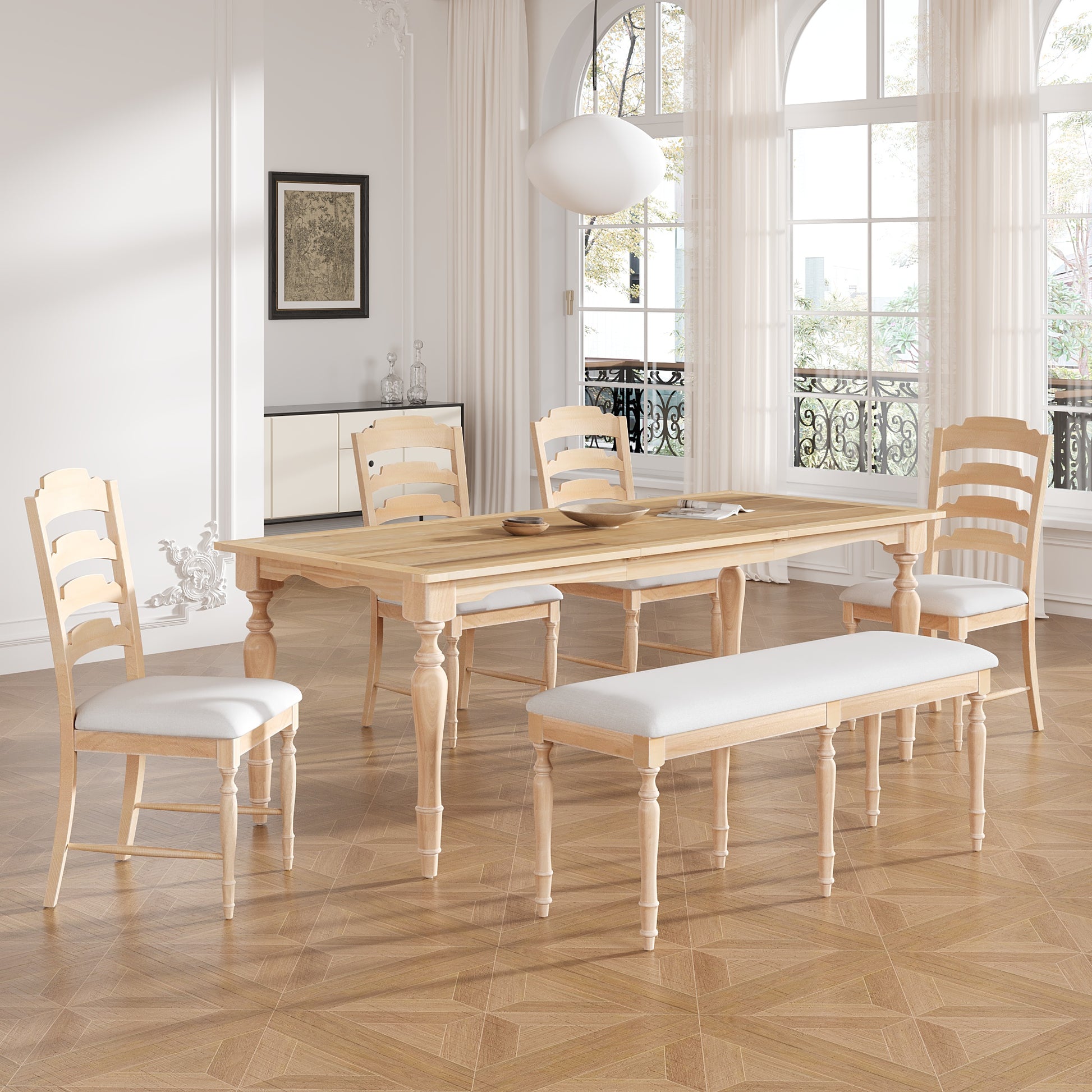 Light oak dining table set with four chairs and one bench