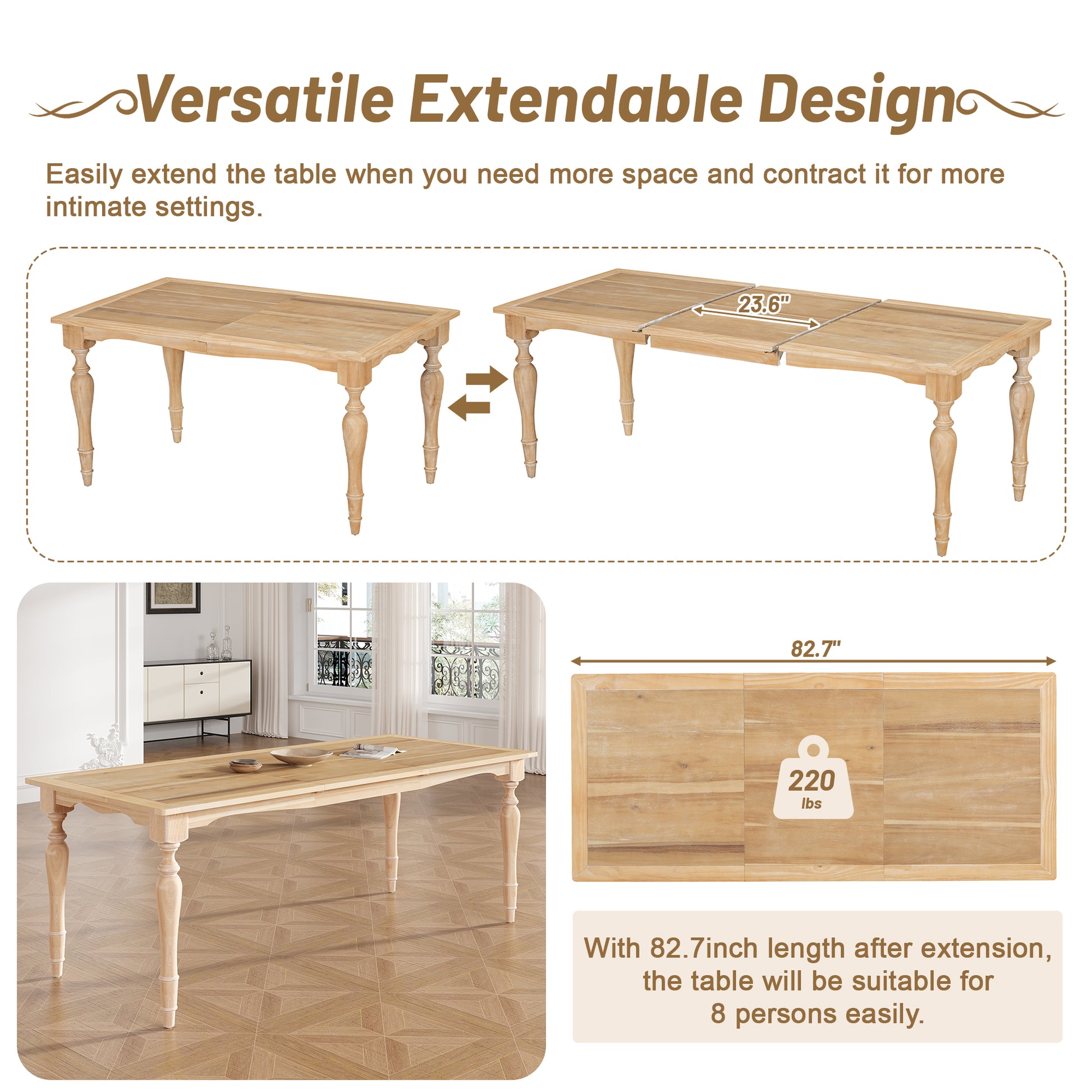 Light wood extendable dining table with carved legs