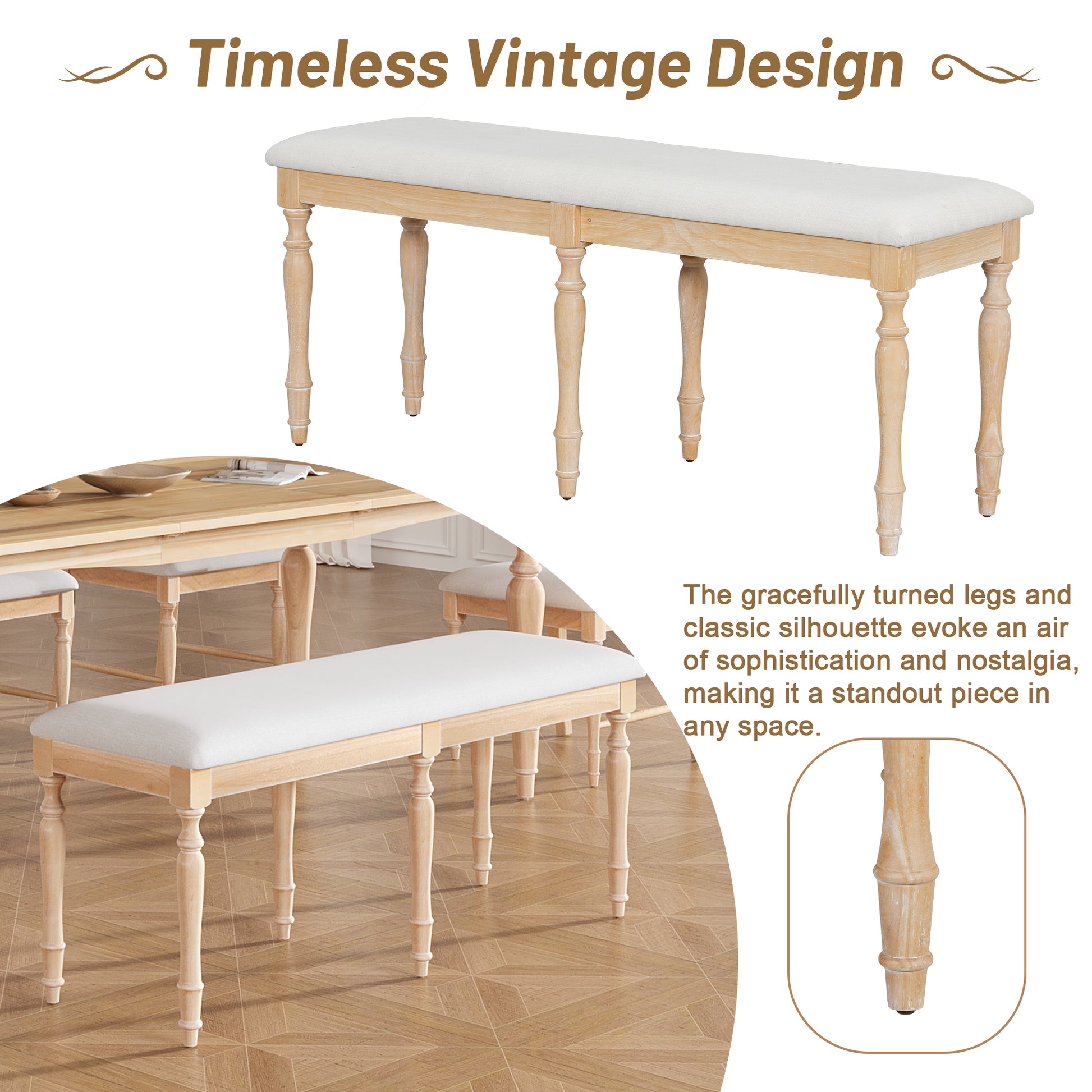 Light wood dining bench with white upholstered seat and turned legs