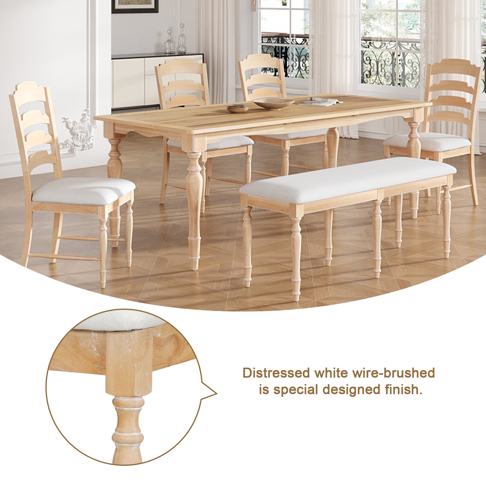 Light wood dining table with distressed white wirebrushed finish