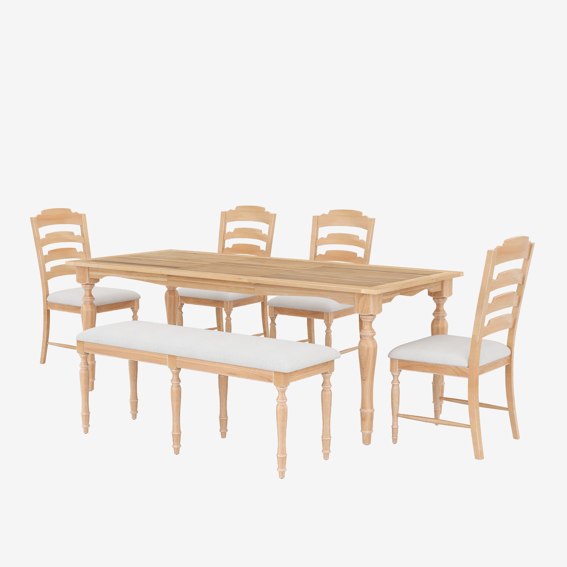 Light wood dining table with slatted back chairs and upholstered bench