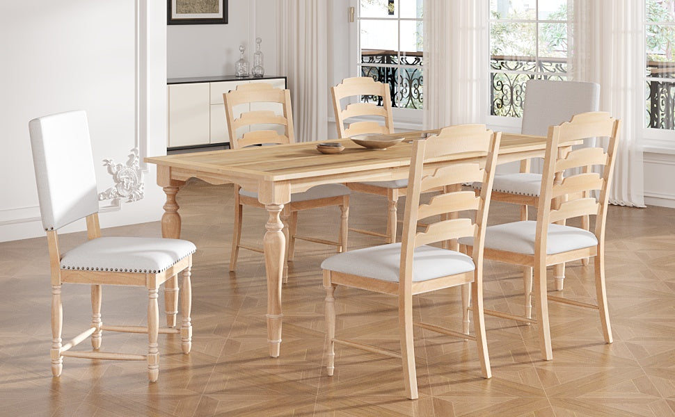Light wood dining table with six ladderback chairs