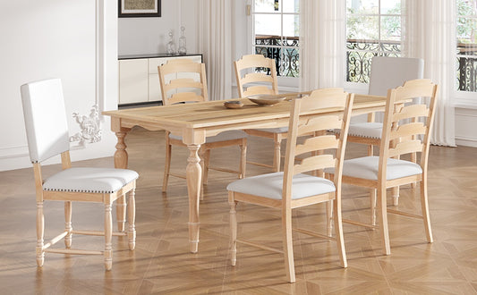 Light wood dining table with six ladderback chairs