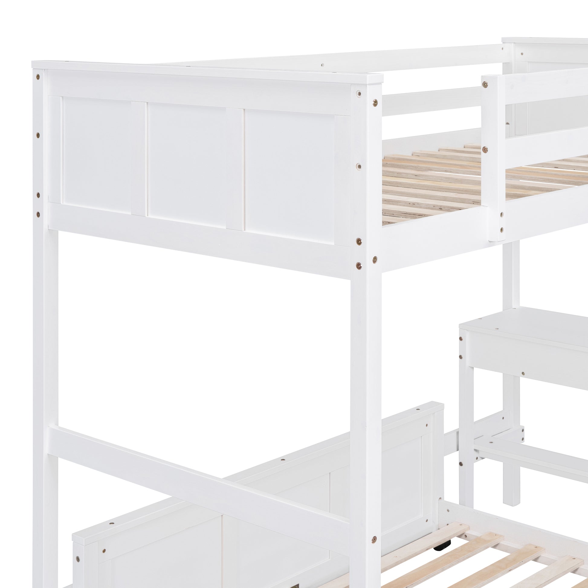 White wooden bunk bed frame with slatted base for stability
