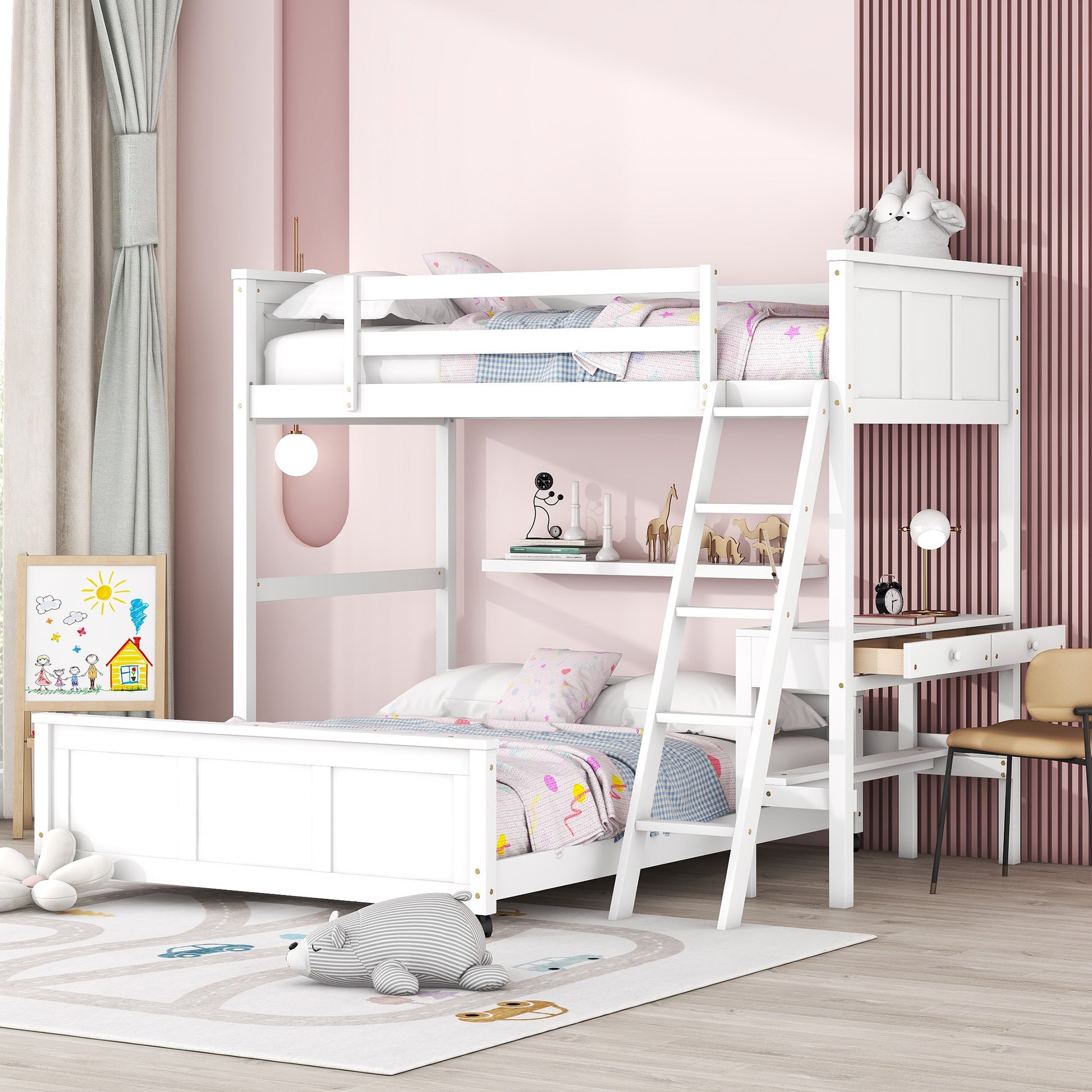 White wooden bunk bed with desk and shelves for kids