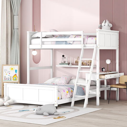 White wooden bunk bed with desk and shelves for kids
