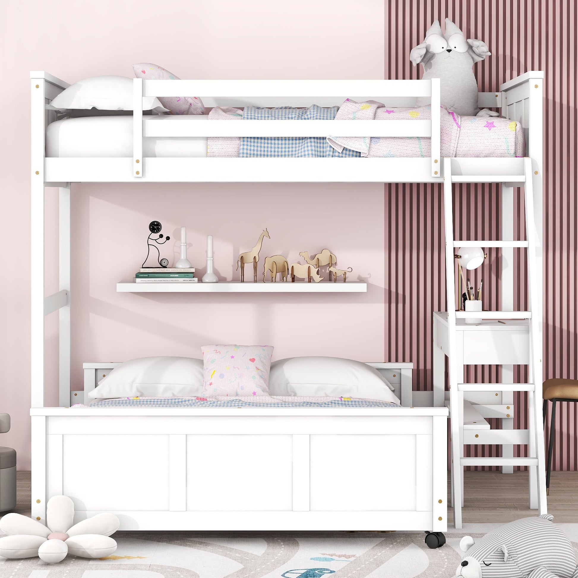 White wooden bunk bed with desk perfect for kids bedrooms