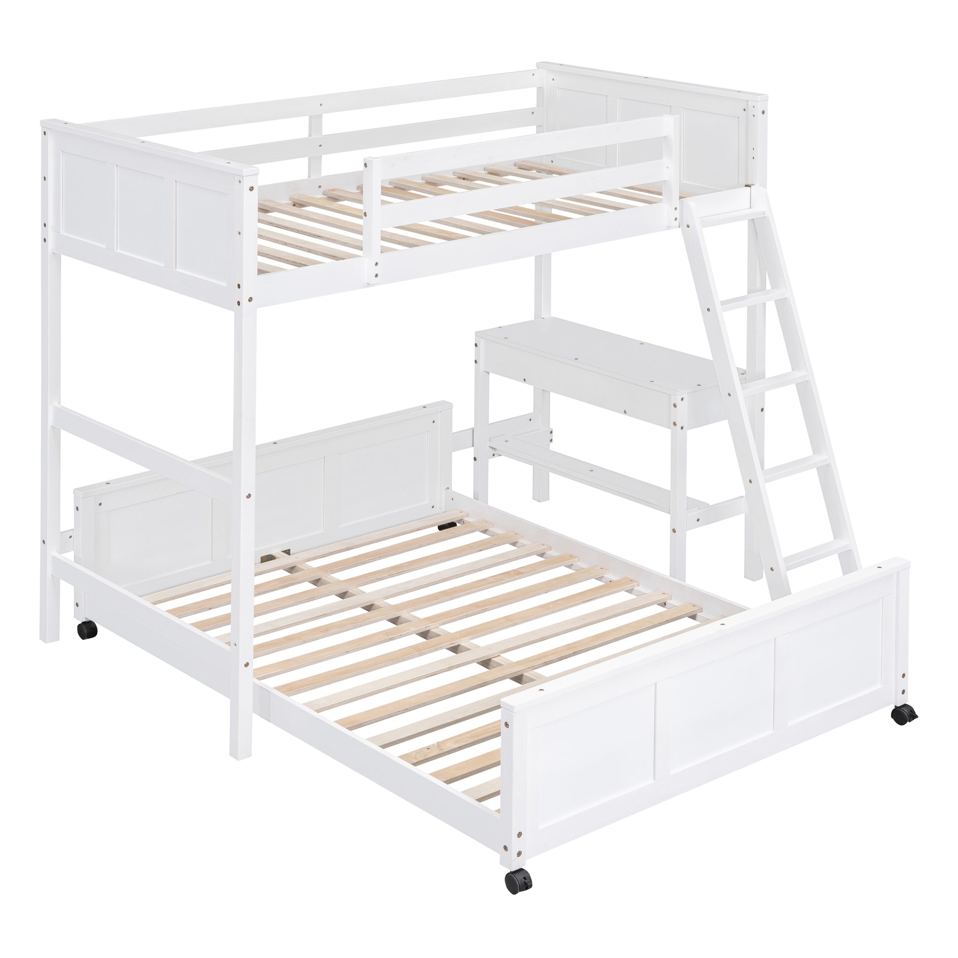 White wooden bunk bed with desk and ladder