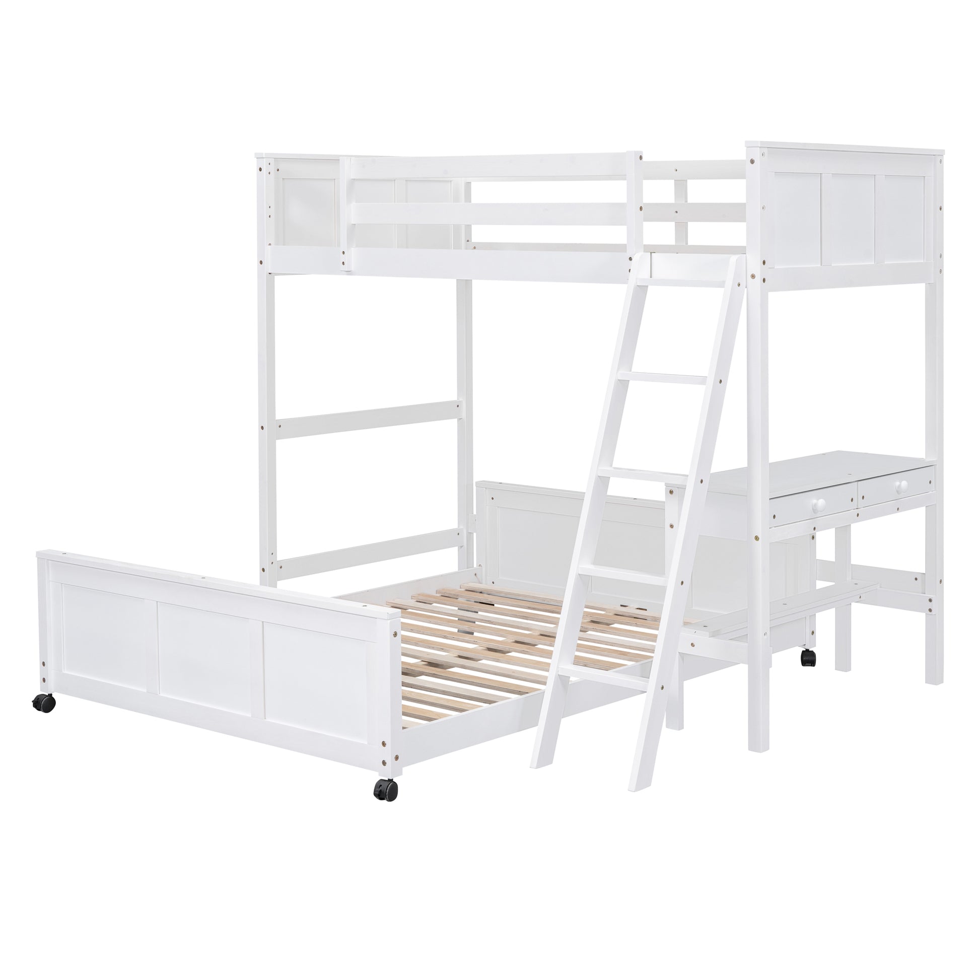White twin over twin bunk bed with desk and ladder