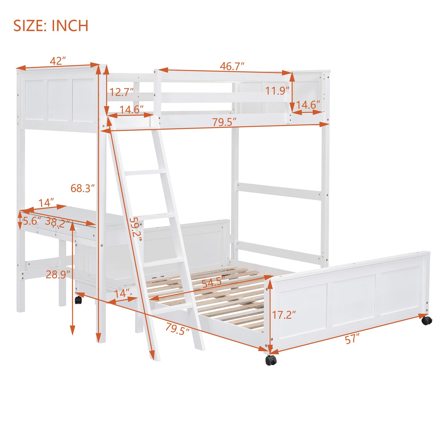 White wooden loft bed with desk and drawers