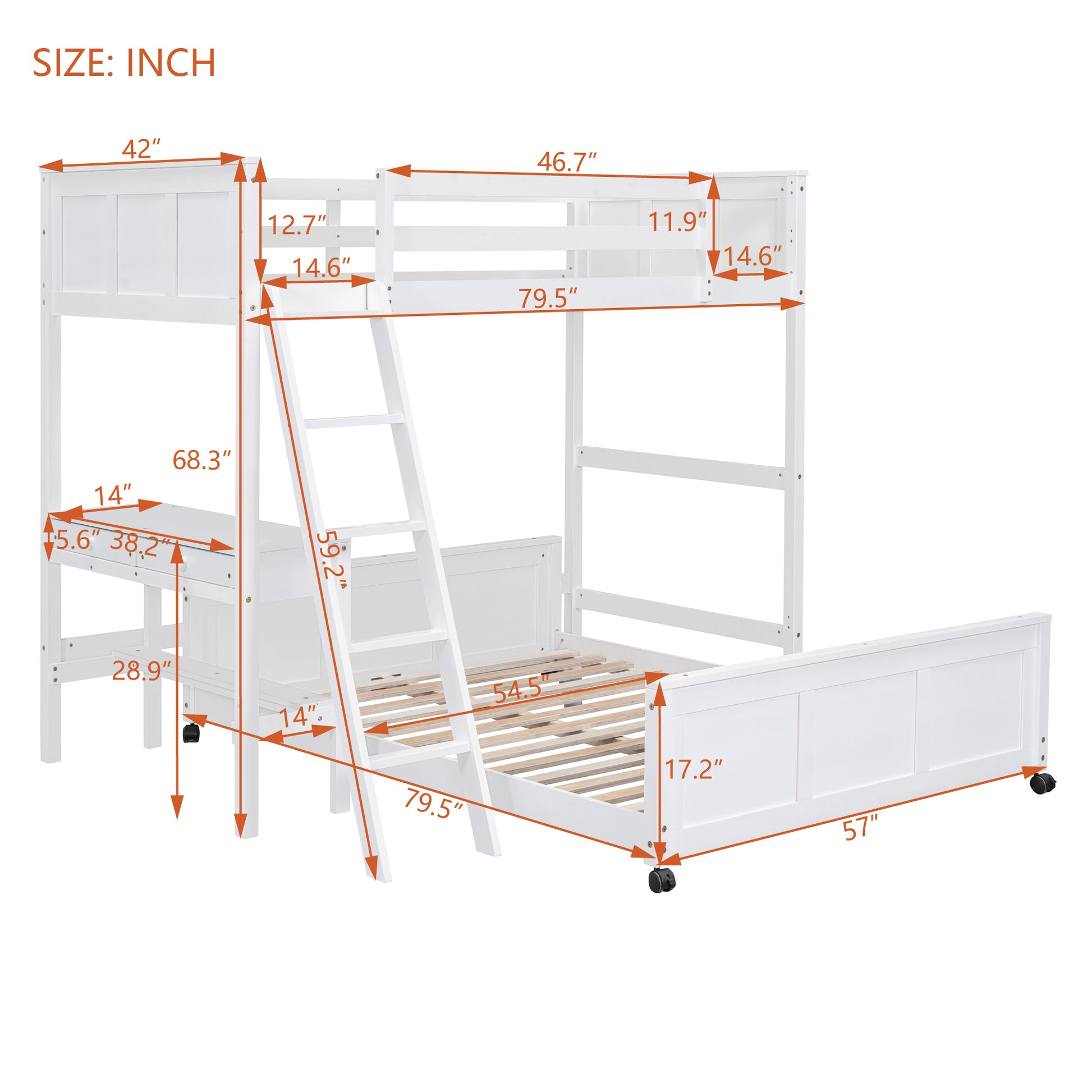White wooden loft bed with desk and drawers