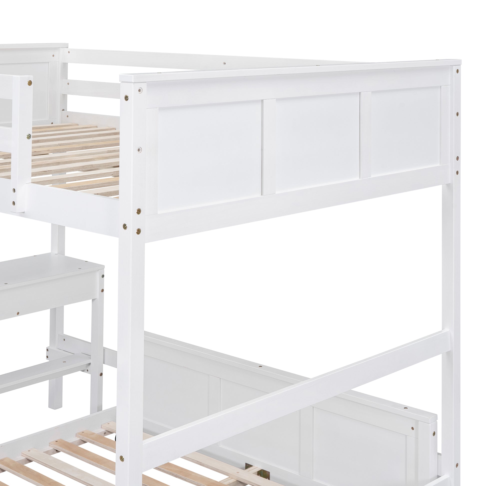 White wooden twin over twin bunk bed frame with ladder