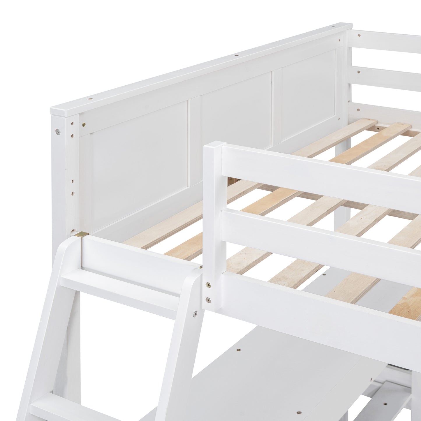 Closeup of white wooden bunk bed ladder detail