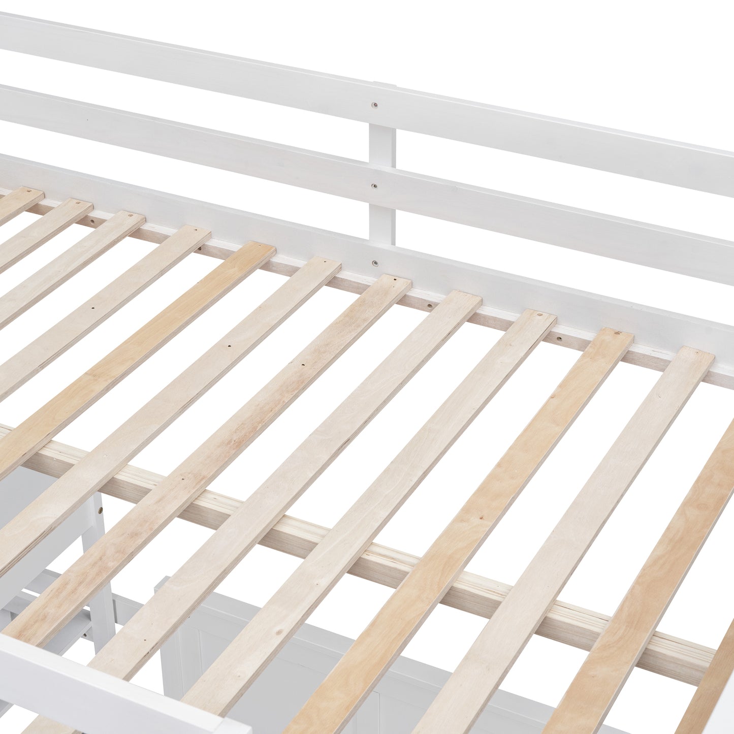 White wooden bunk bed frame with sturdy slat support system