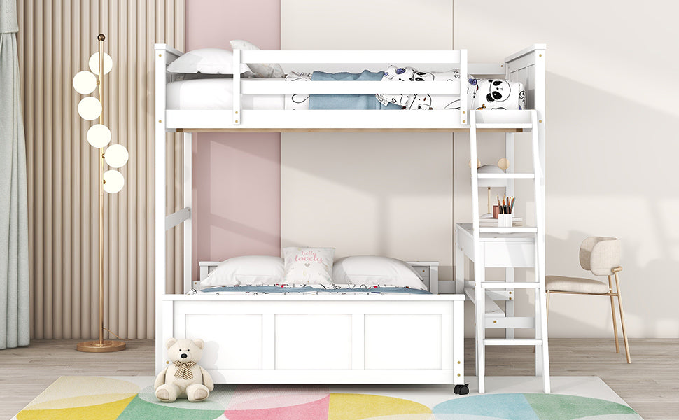 White wooden bunk bed with integrated desk and trundle