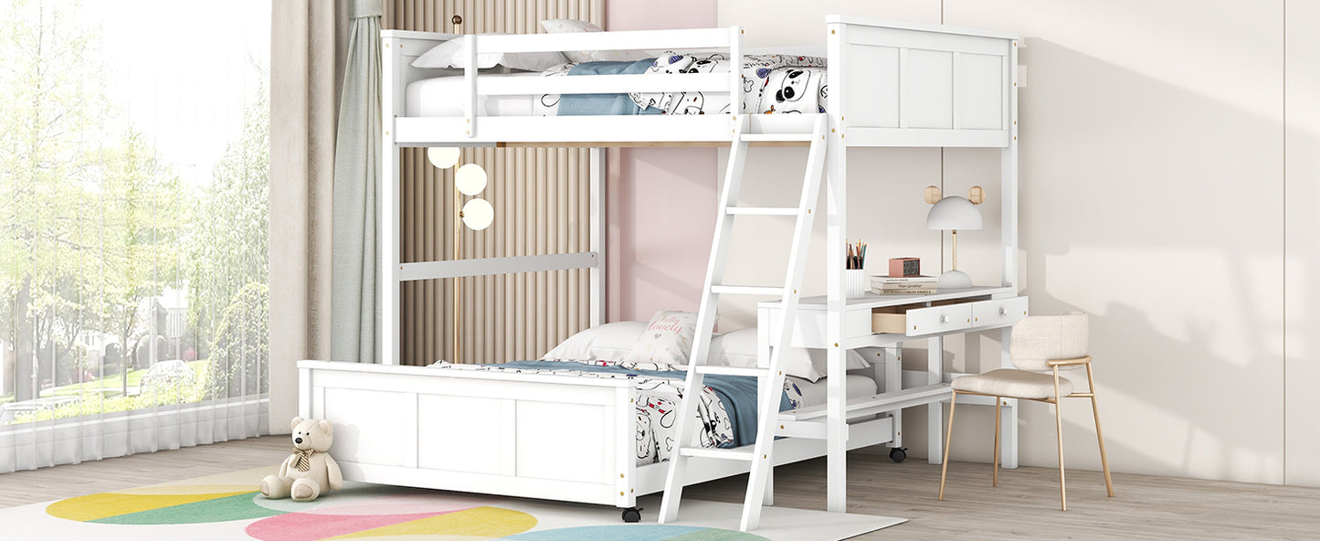 White wooden bunk bed with integrated desk