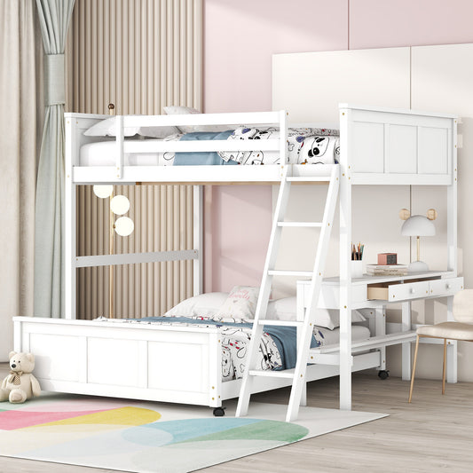 White wooden bunk bed with integrated desk
