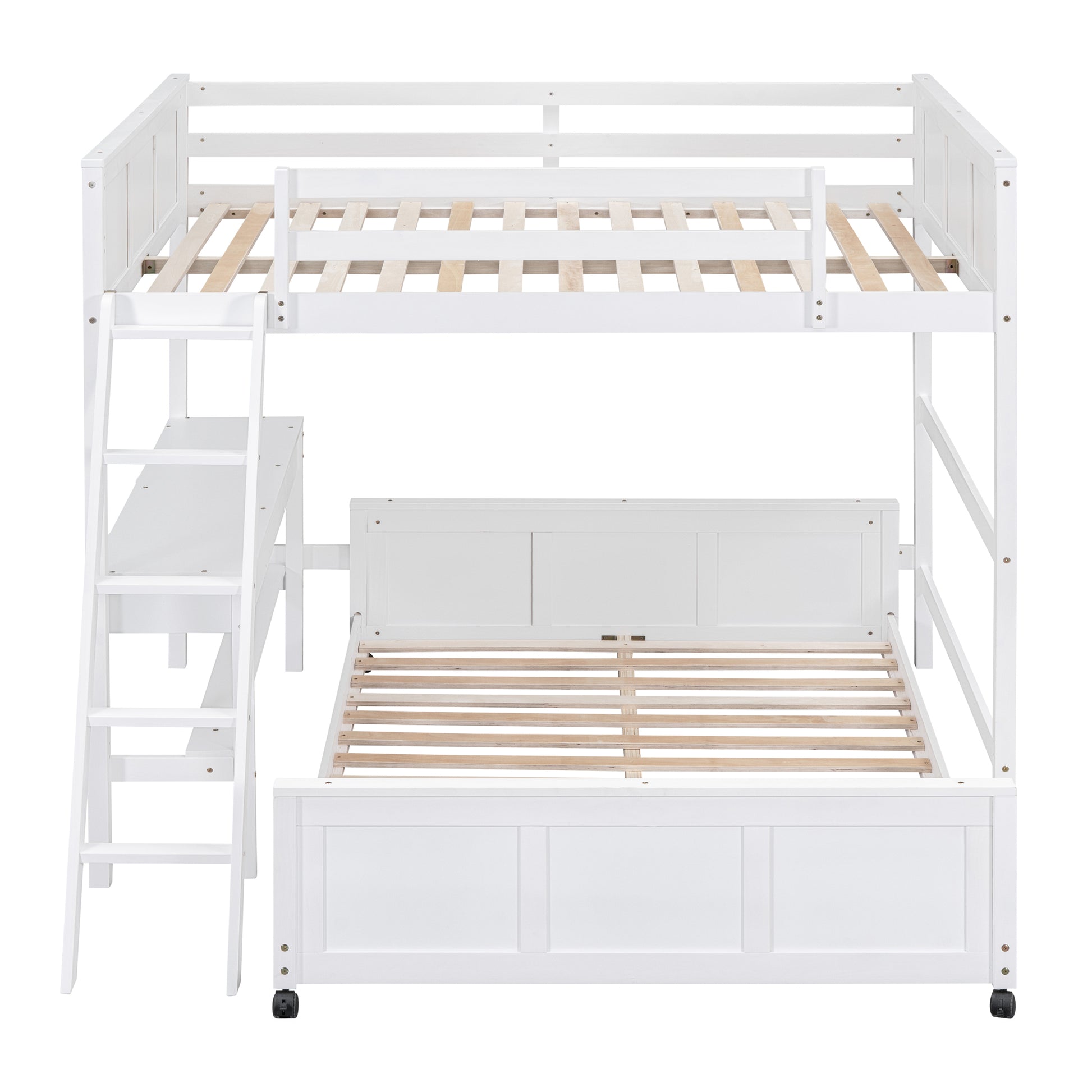 White wood bunk bed with twin over full configuration and integrated desk