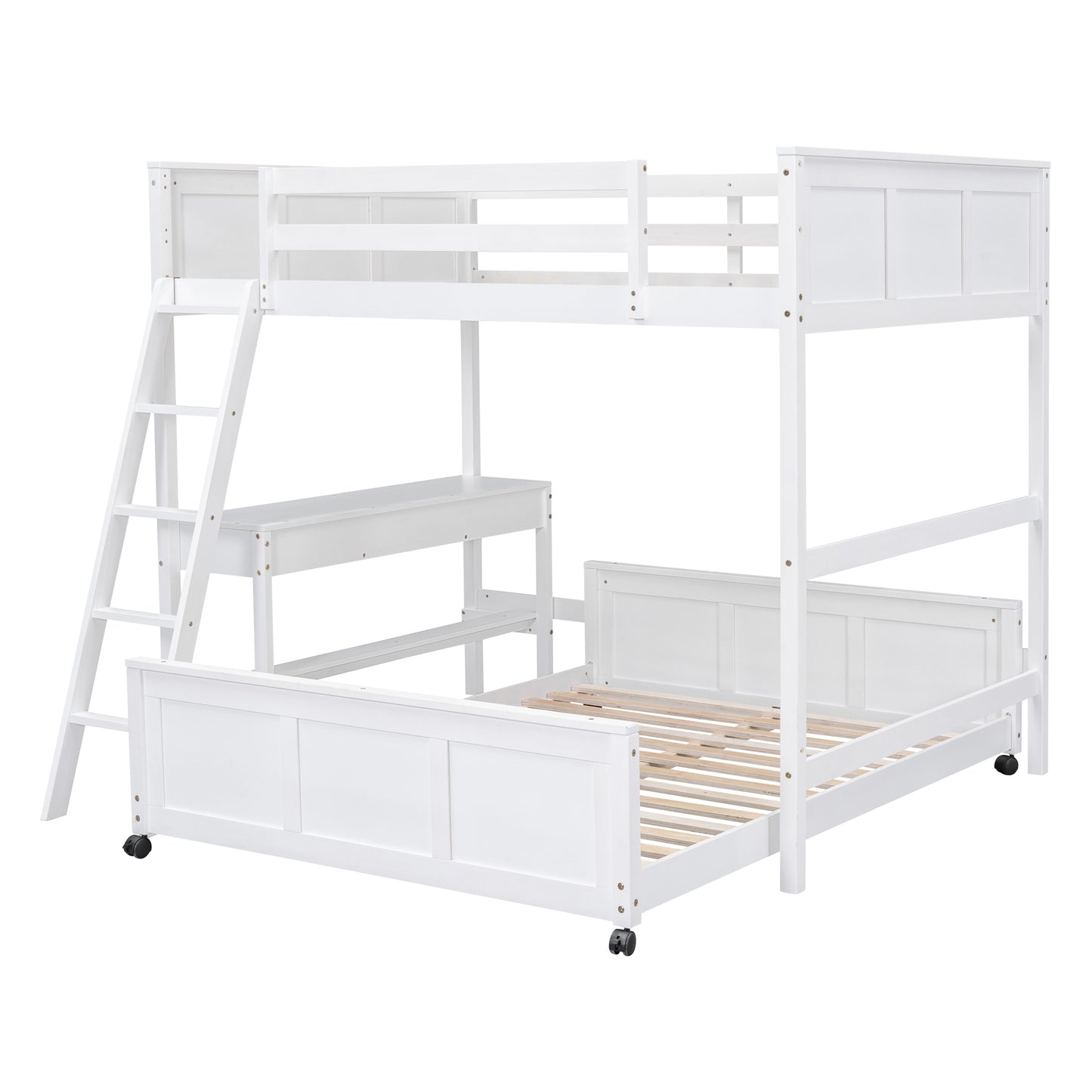 White wooden bunk bed with desk and ladder