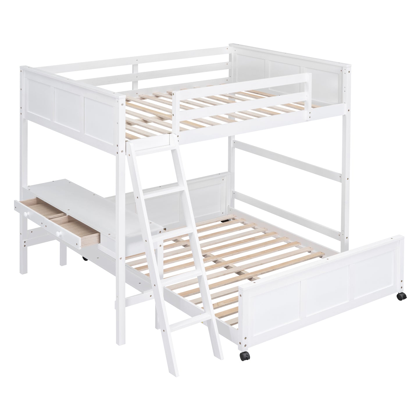 White wooden bunk bed with desk and drawers