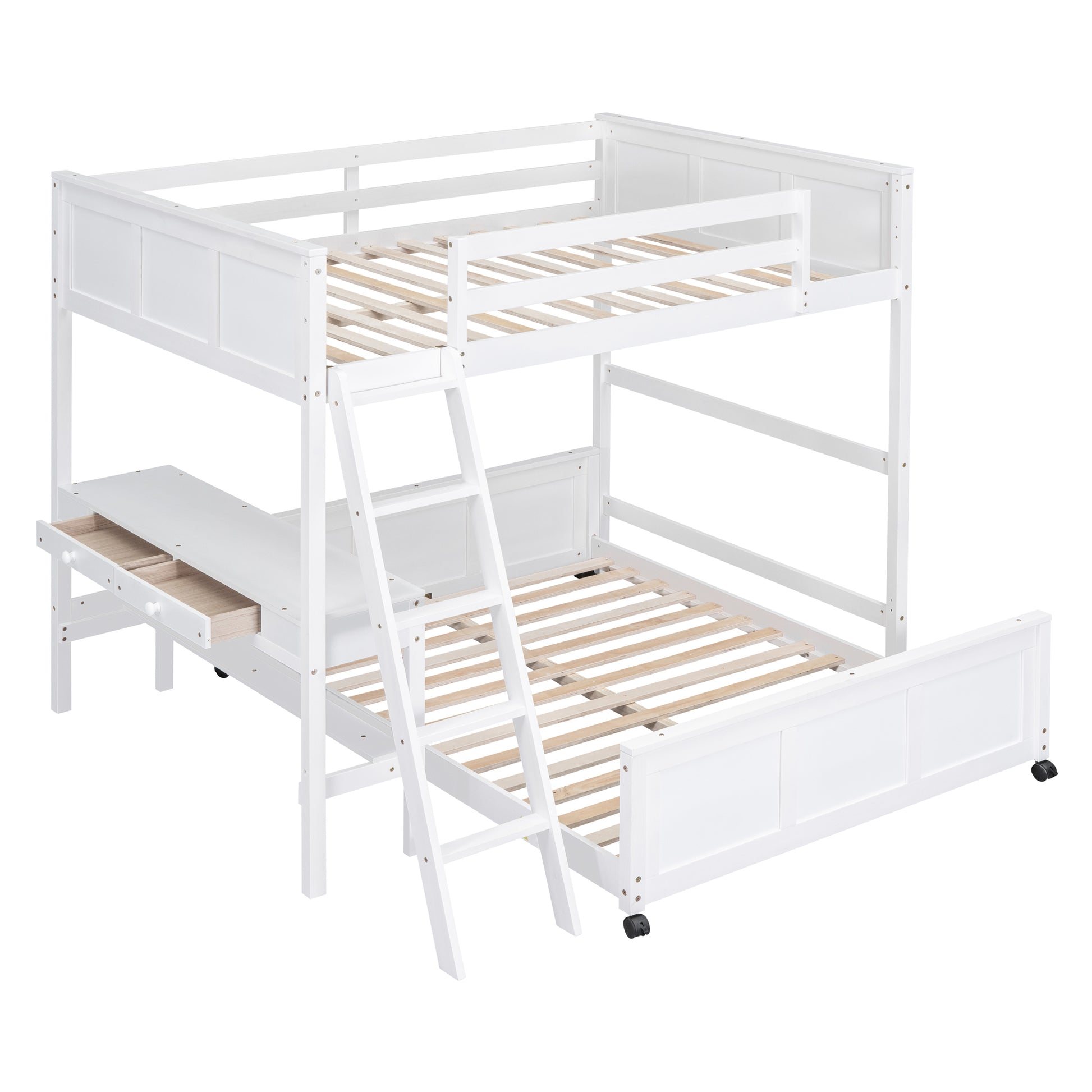 White wooden bunk bed with desk and drawers