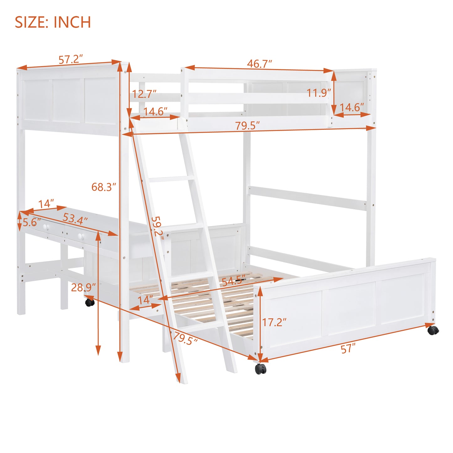 White twin over twin bunk bed with desk and ladder