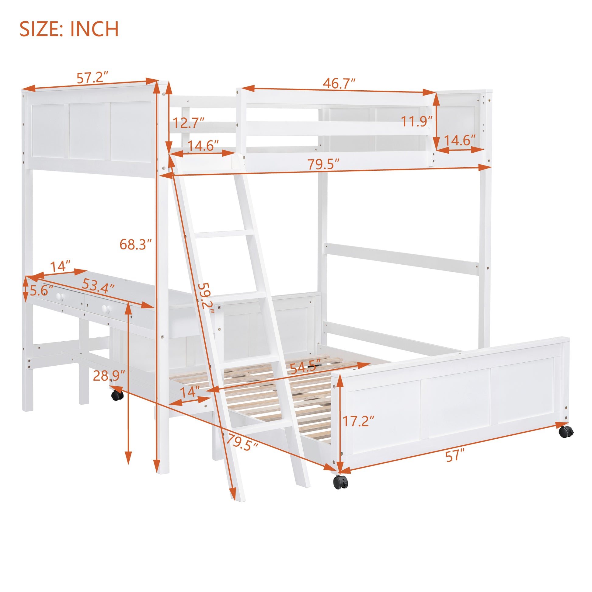 White twin over twin bunk bed with desk and ladder