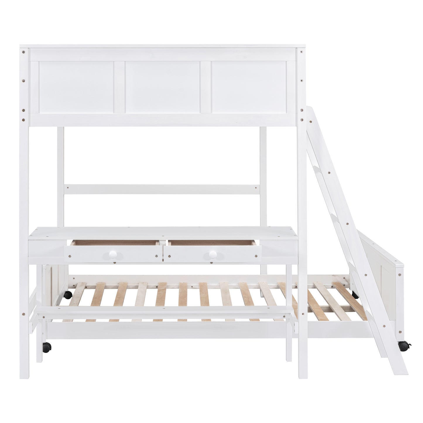 White wooden triple bunk bed with desk and drawers