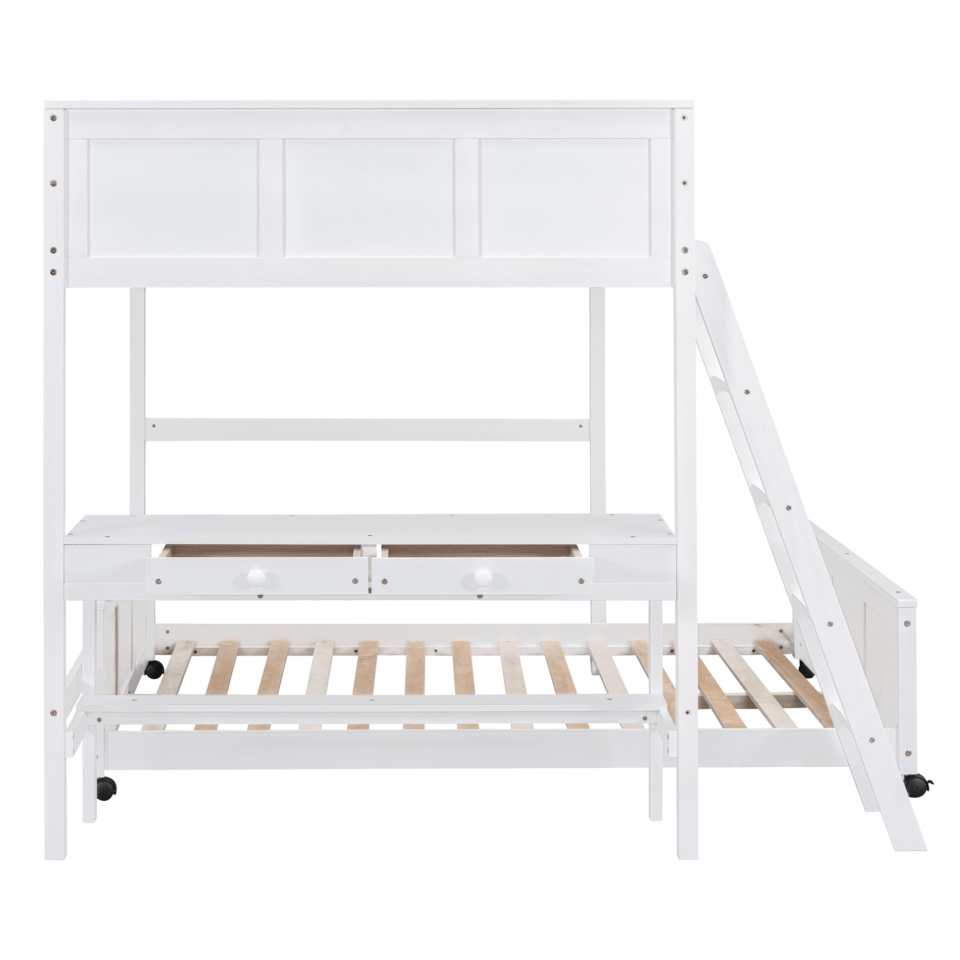White wooden triple bunk bed with desk and drawers