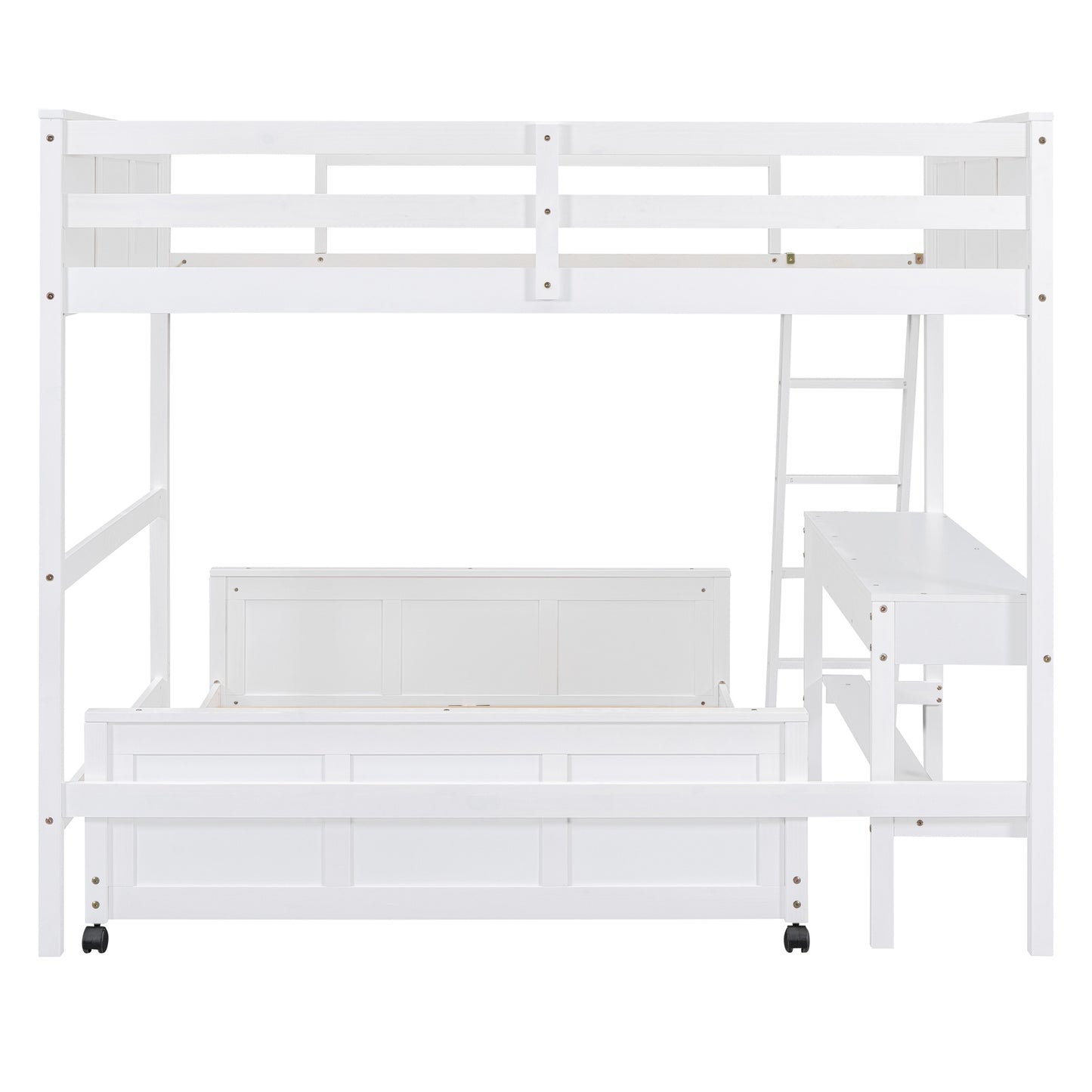 White wooden loft bed with integrated desk and ladder