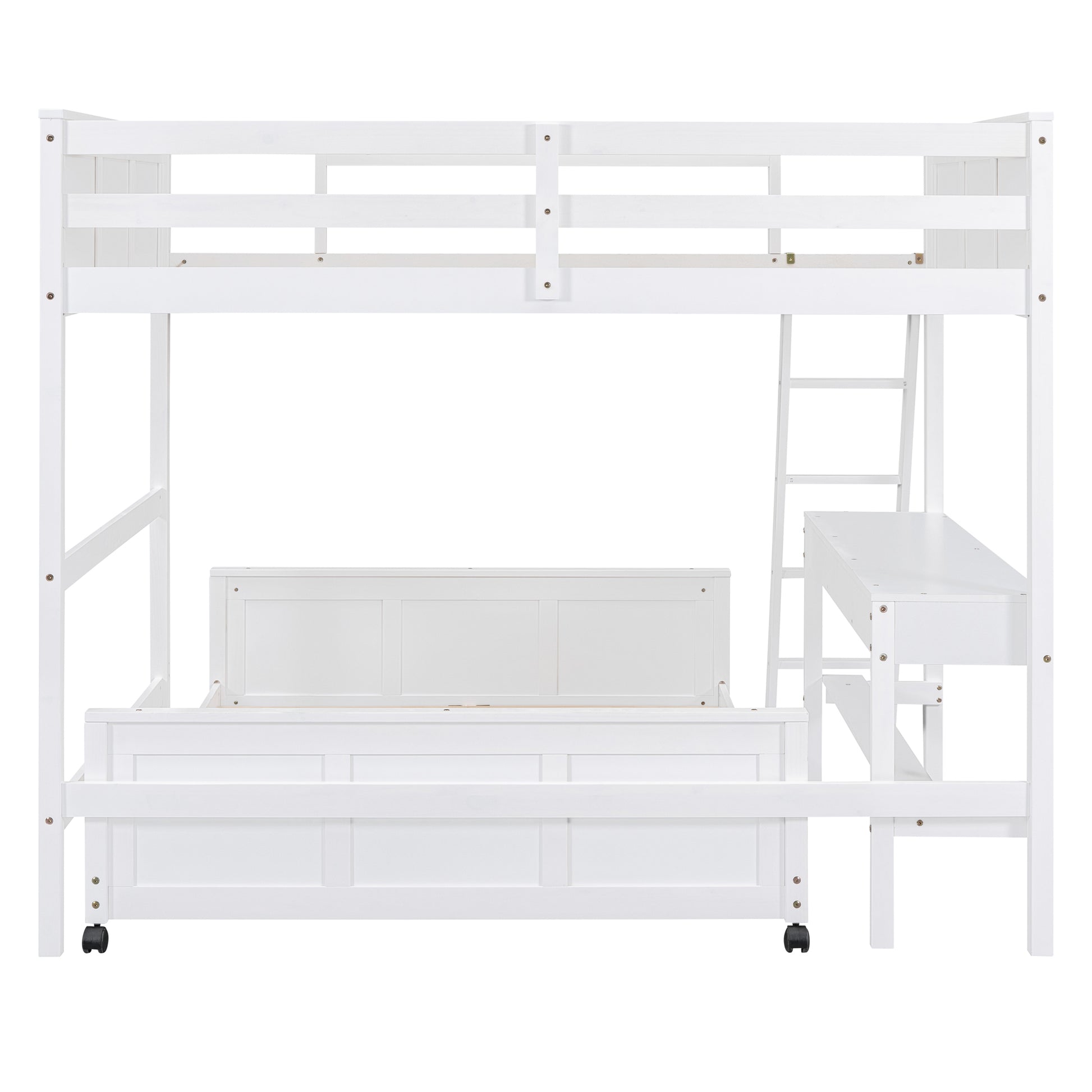 White wooden loft bed with integrated desk and ladder