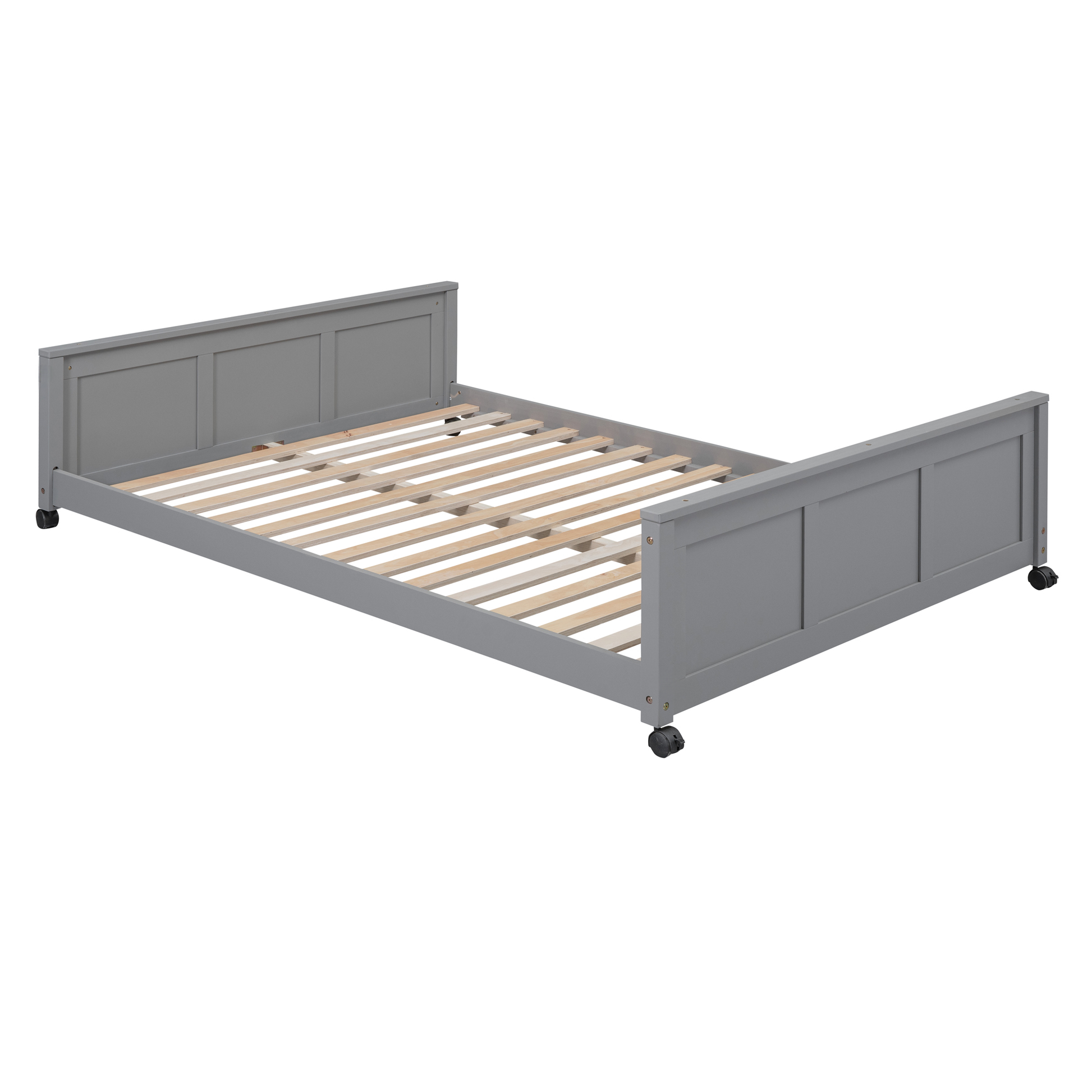 Gray wooden daybed frame with caster wheels and slat support